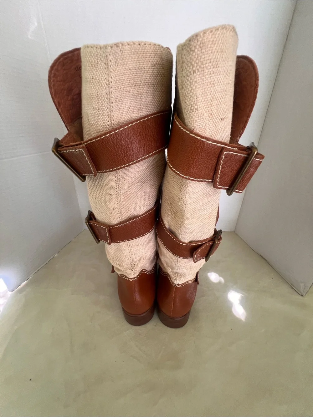 Women’s Corso Como  Tall Brown and Cream  canvas Buckle Riding Boots